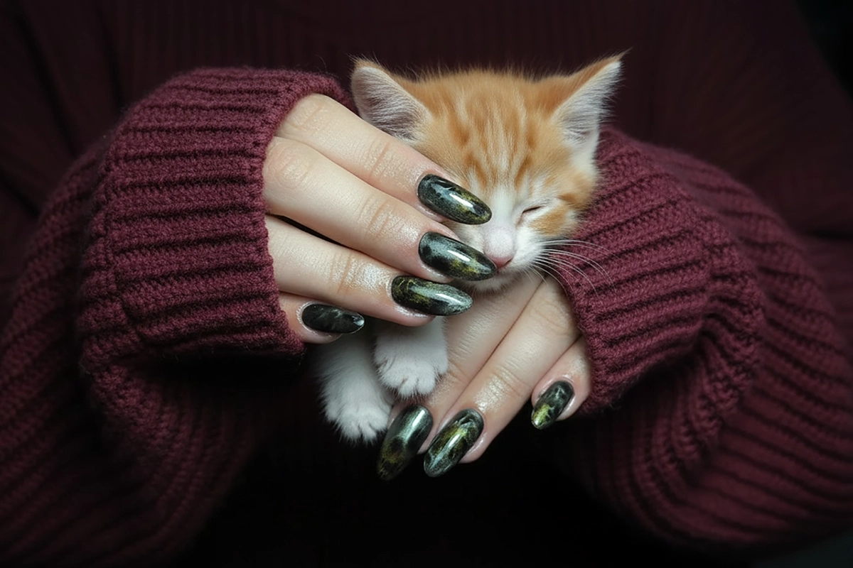 Uñas soft gel en tonos negros dorados y acariciando un gatito.